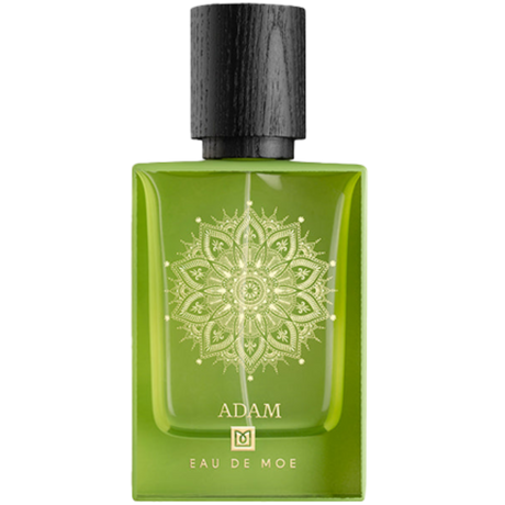 Green perfume bottle with black cap called Adam by Eau De Moe