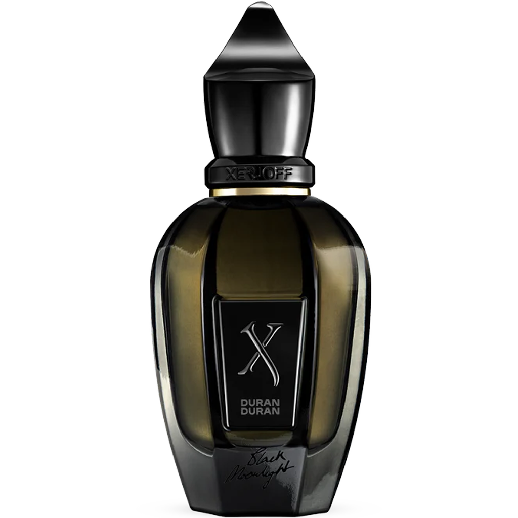 Perfume bottle with black and gold design on a white background has Duran and X logo and says Xeroff on Cap and cursive writing saying Black Moonlight on bottom of bottle