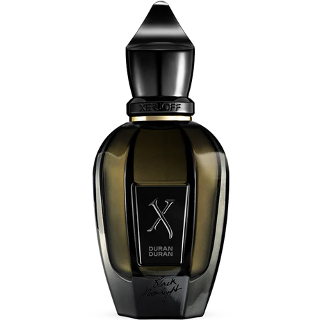 Perfume bottle with black and gold design on a white background has Duran and X logo and says Xeroff on Cap and cursive writing saying Black Moonlight on bottom of bottle