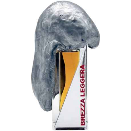 Perfume bottle with silver cap and white body featuring 'Brezza Leggera' text on a silver background