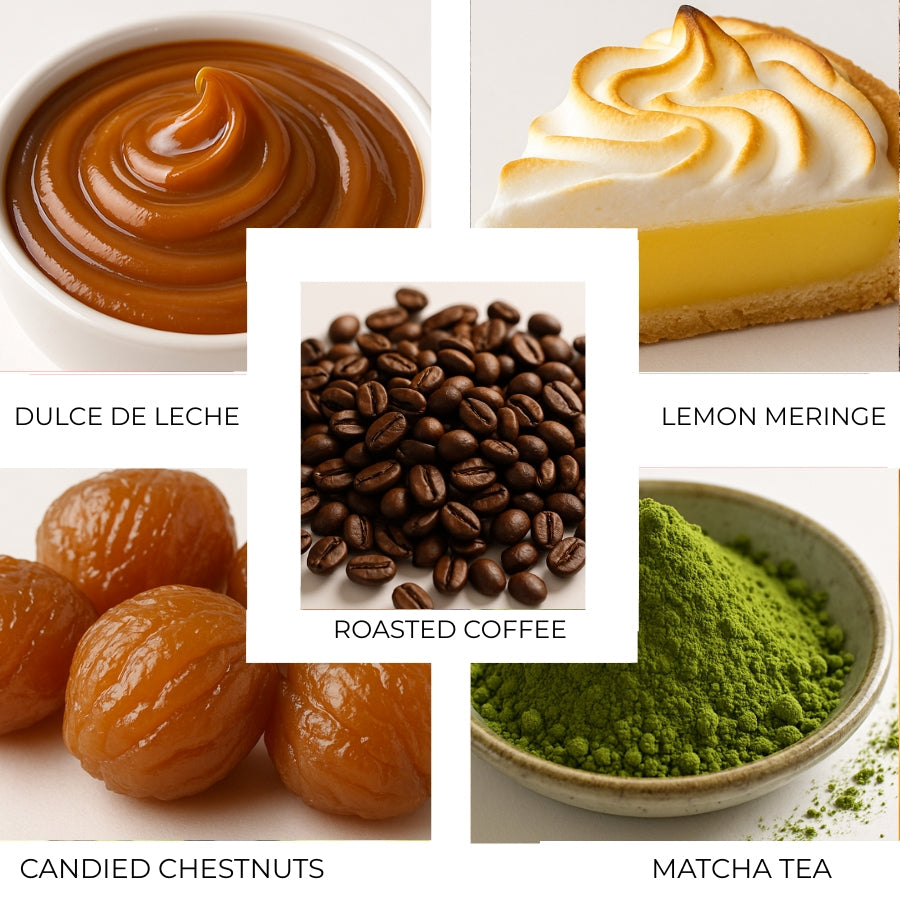 A collage of dulce de leche, lemon meringue, candied chestnuts, matcha powder, and coffee beans evokes the inviting notes of Fragrapedia Haus Cafe Kiss Eau de Parfum—a gourmand fragrance inspired by coffee delights.