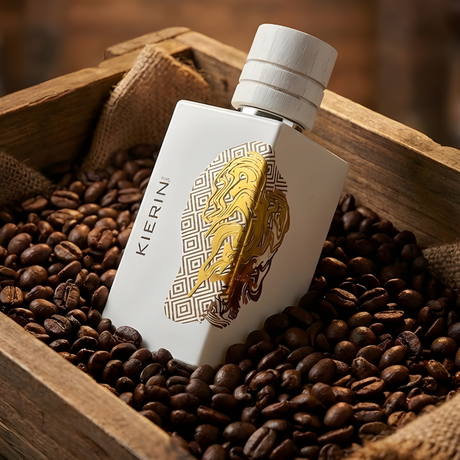 A bottle of Cafe Kiss Eau de Parfum by Fragrapedia Haus, featuring gold and brown art, rests on coffee beans in a wooden crate, evoking the cozy allure and rich coffee notes of this unique fragrance.