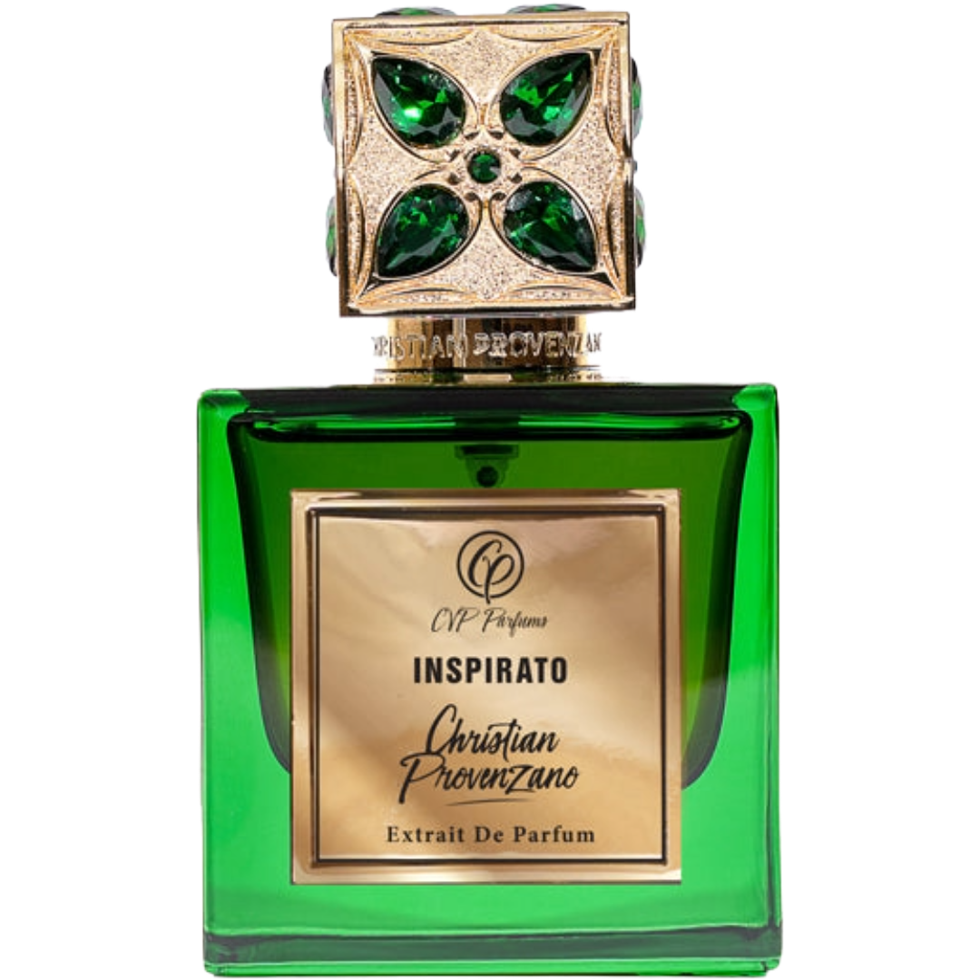 Green perfume bottle with gold cap featuring gemstones on a white background