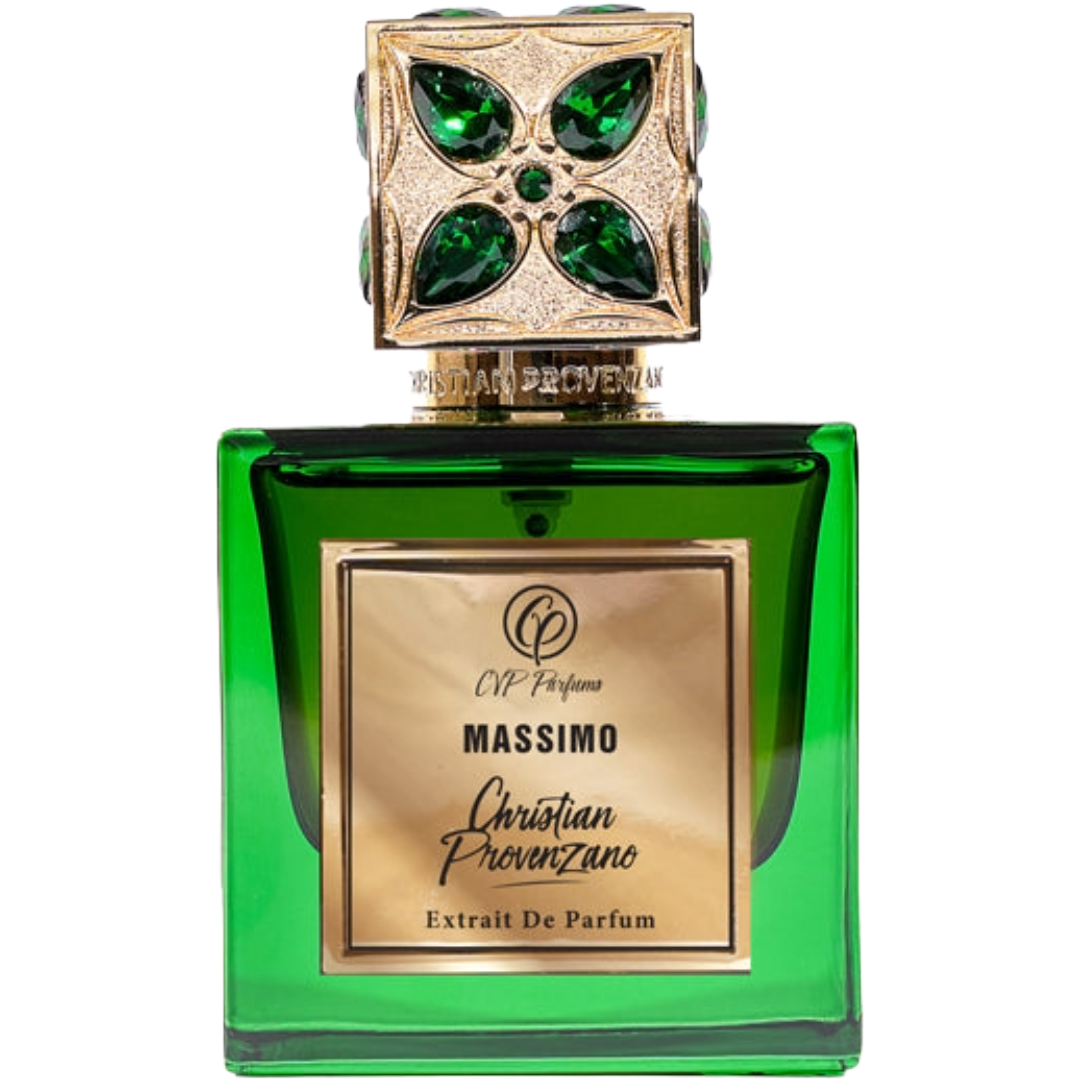 Green perfume bottle with gold cap featuring gemstones on a white background
