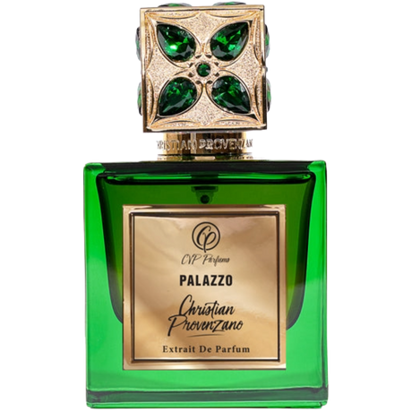 Green perfume bottle with gold accents and 'Christian Provenzano' branding on a white background
