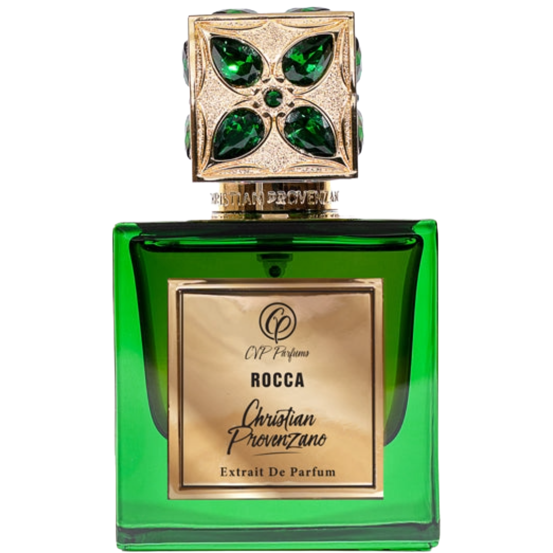 Green perfume bottle with gold cap featuring 'Christian Provenzano' branding on a white background