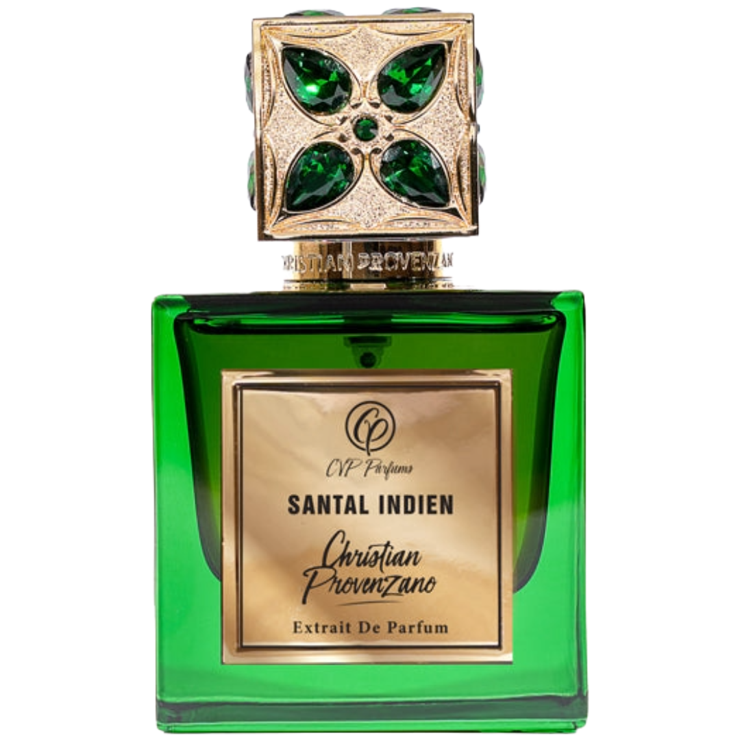 Green perfume bottle with gold cap featuring 'Christian Provenzano' branding on a white background