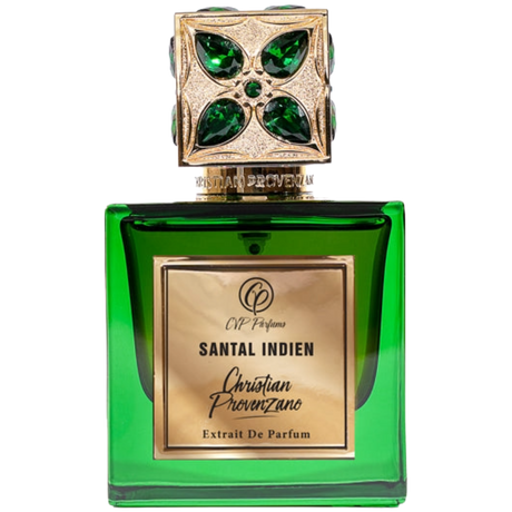 Green perfume bottle with gold cap featuring 'Christian Provenzano' branding on a white background