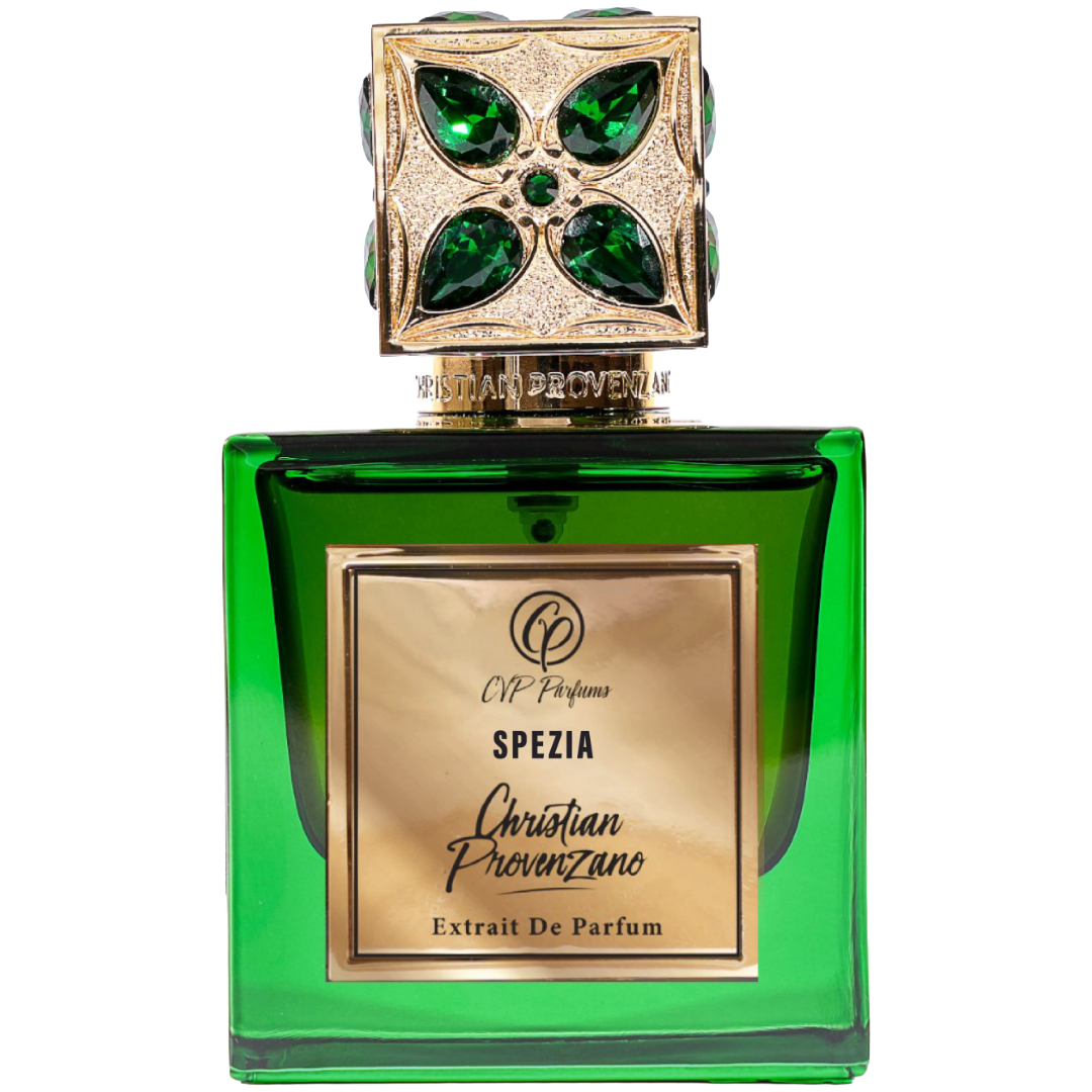 Green and gold perfume bottle with 'Christian Provenzano' branding on a white background