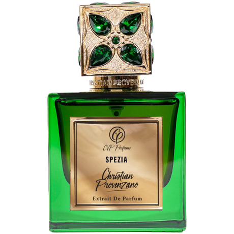 Green and gold perfume bottle with 'Christian Provenzano' branding on a white background
