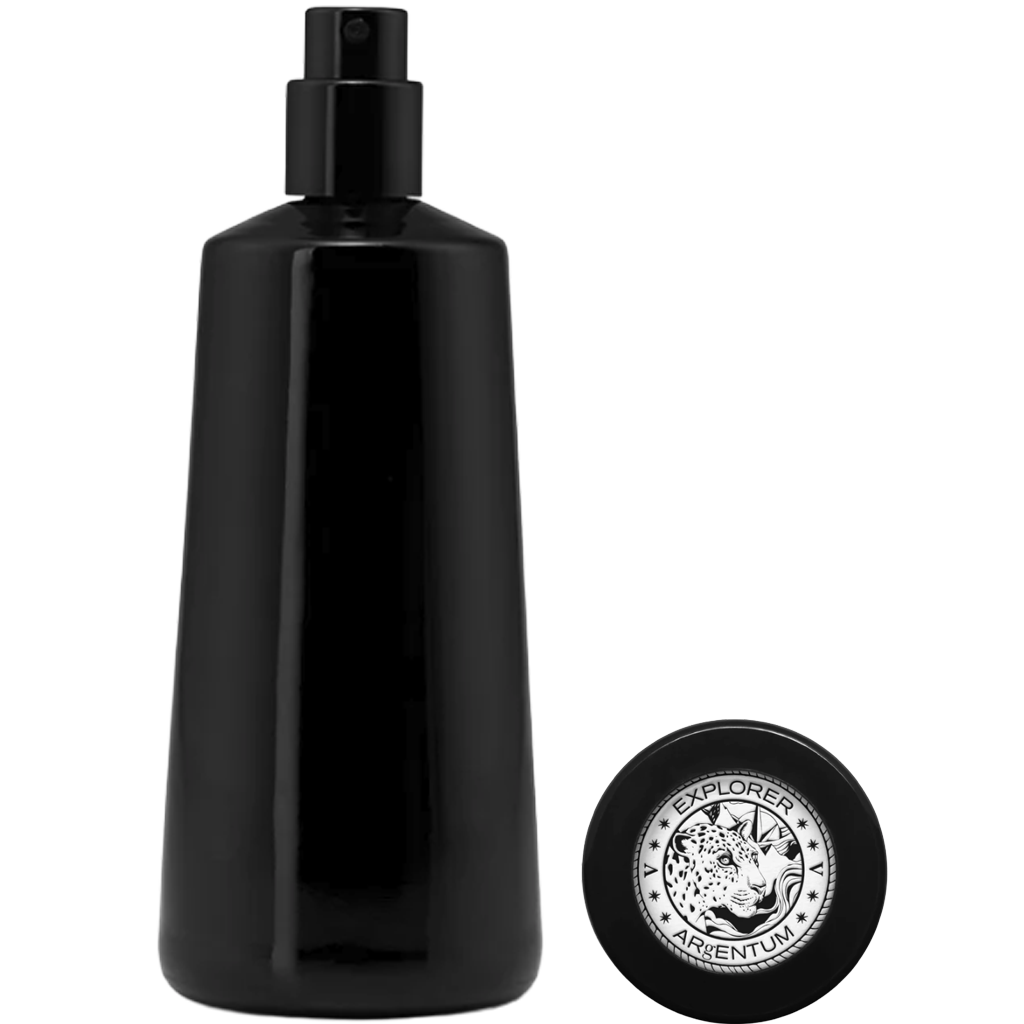 Black spray bottle with a circular logo on a white background