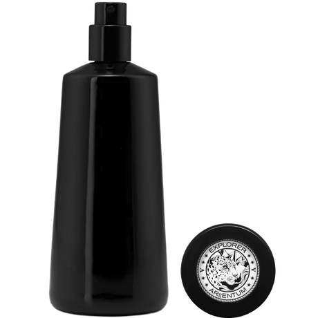 Black spray bottle with a circular logo on a white background
