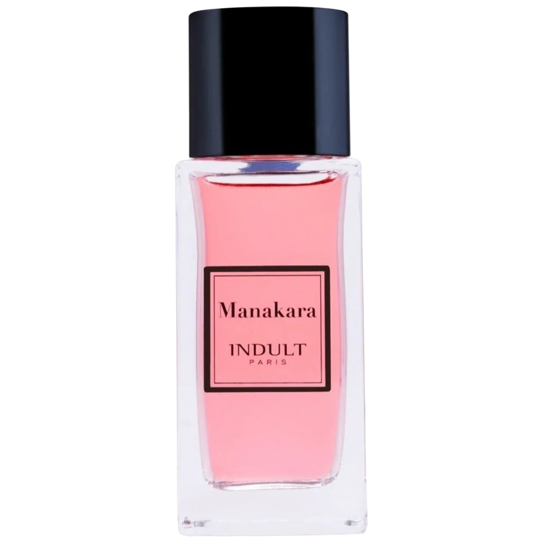 Perfume bottle with pink liquid and black cap Manakara Indult Paris
