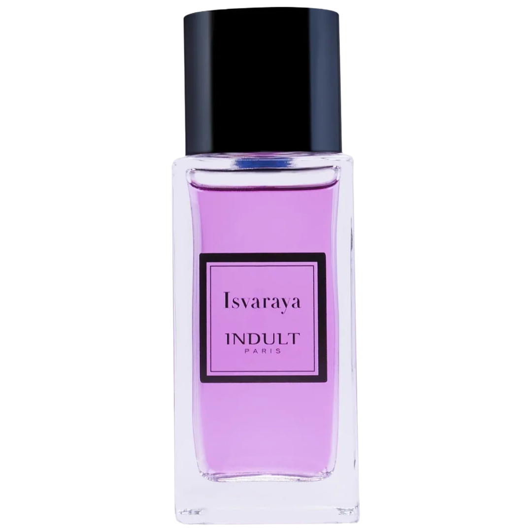 Perfume bottle with purple liquid and black cap Isvaraya Indult