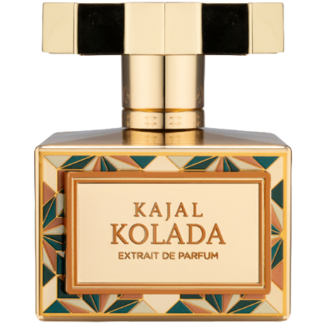 Perfume bottle labeled 'Kajal Kolada Extrait de Parfum' with gold and black design