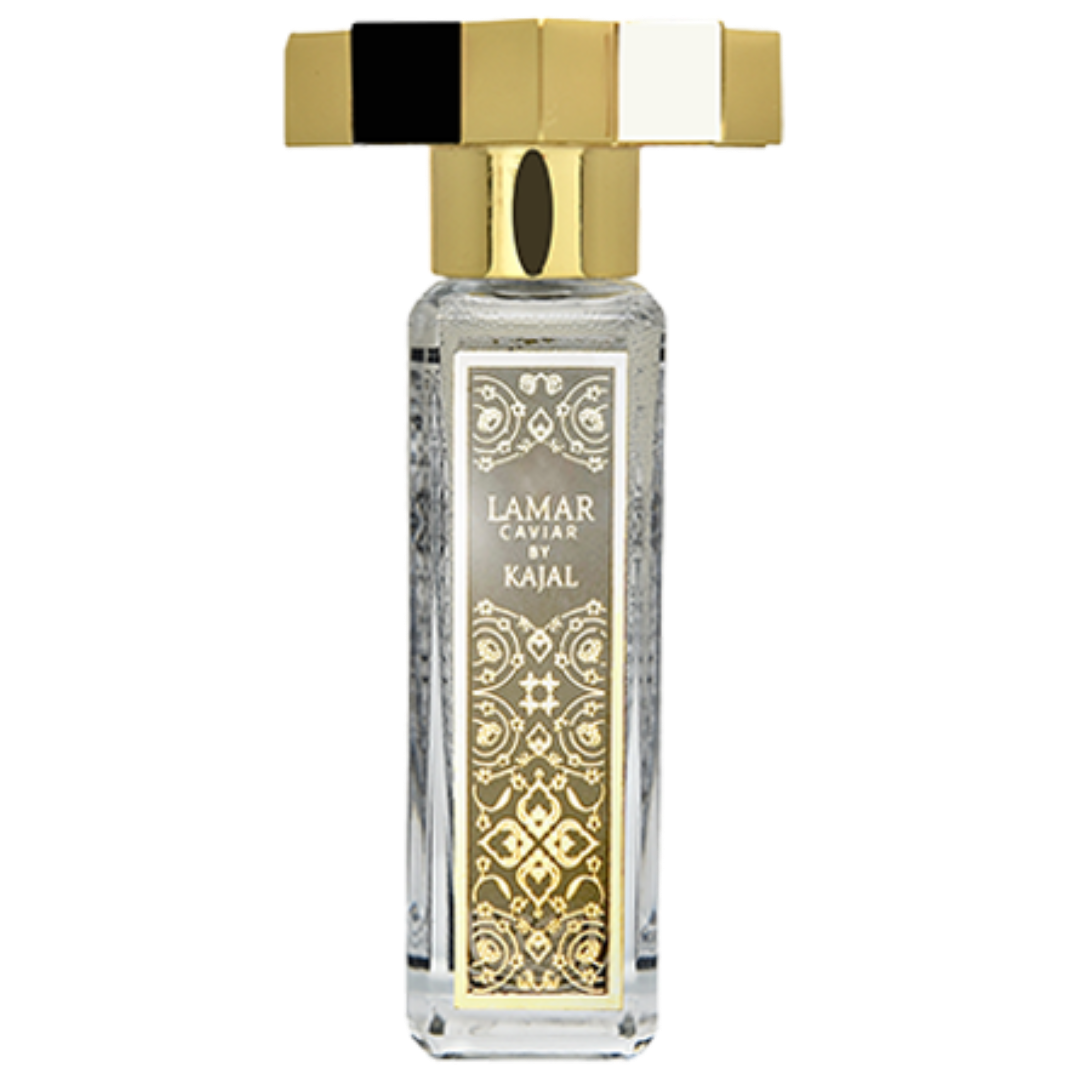 Perfume bottle with gold cap and decorative label Lamar Caviar by Kajal