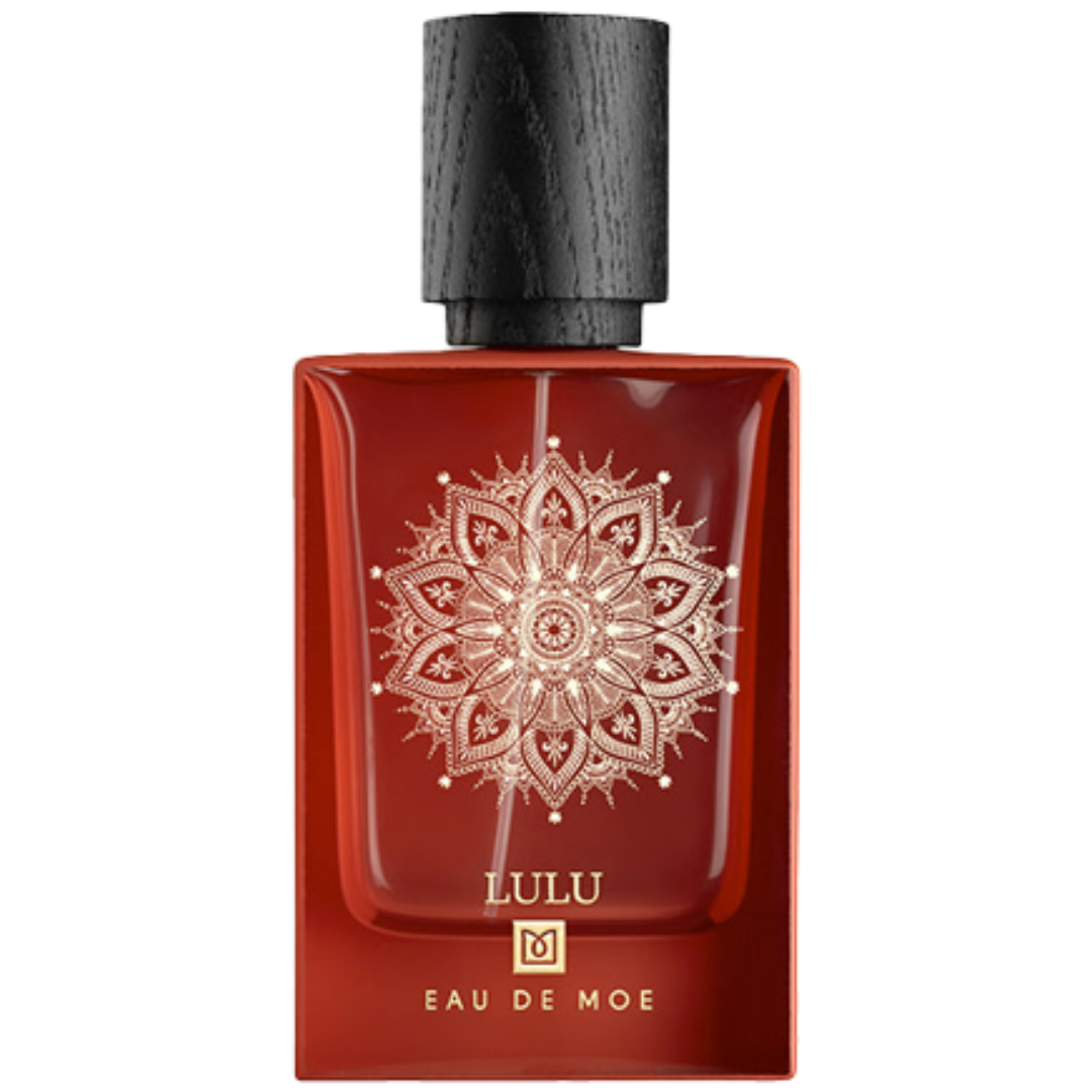 Red perfume bottle with black cap featuring a decorative design Lulu by Eau de Moe