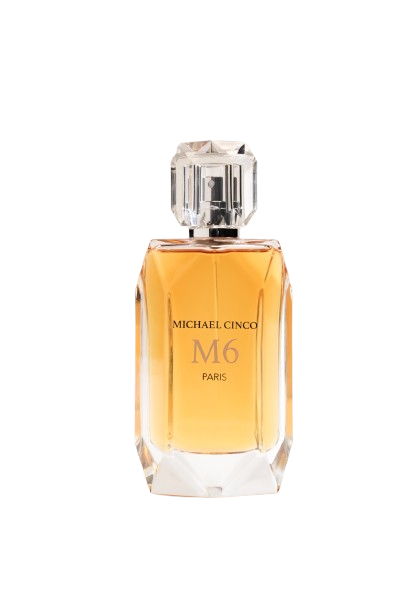 A clear glass bottle with a faceted crystal cap holds amber M6 Eau de Parfum by Fragrapedia Haus. Its label reads MICHAEL CINCO M6 PARIS. Oud notes deepen the scent. The background is white.