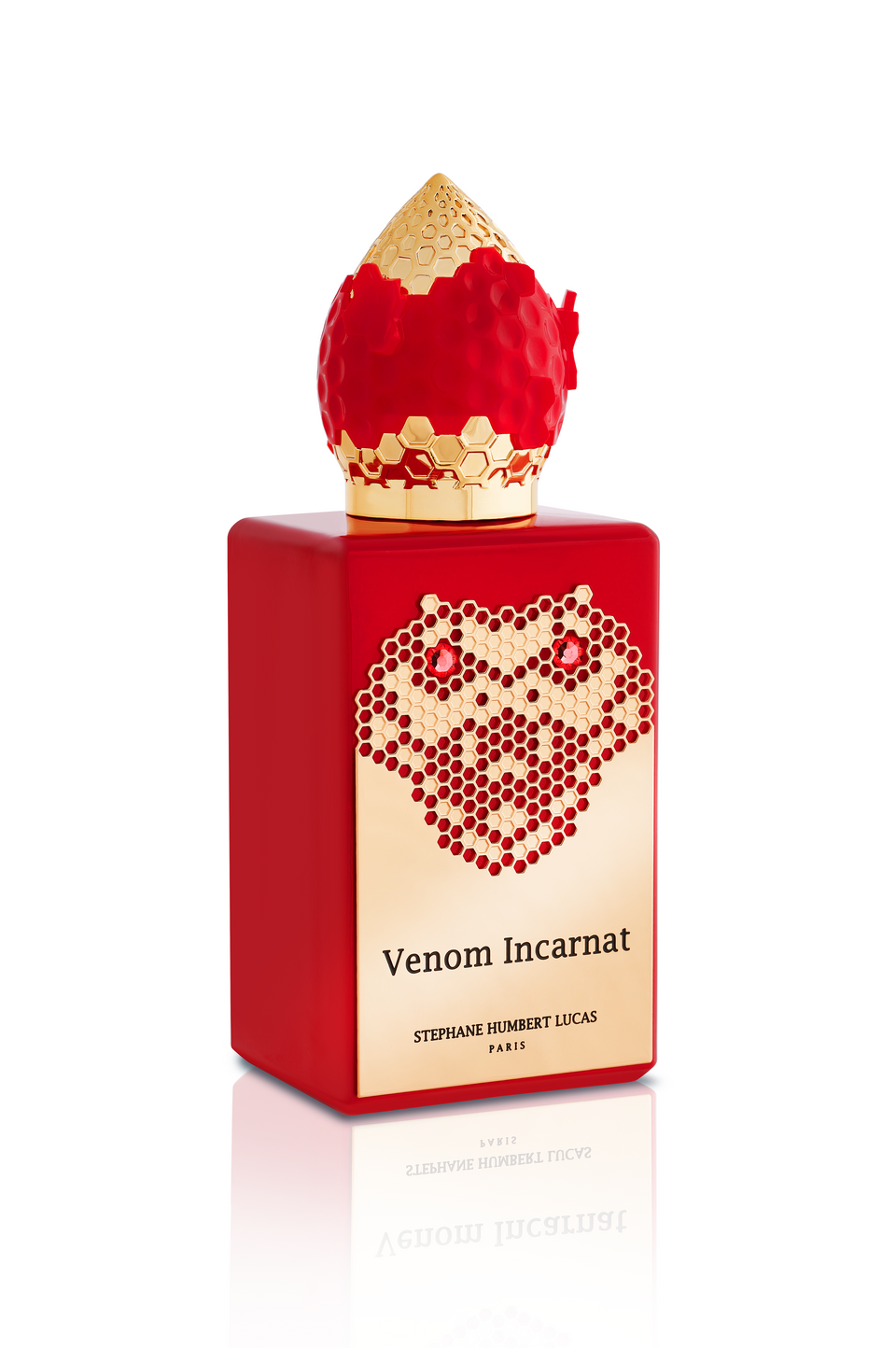 A red Venom Incarnat Eau de Parfum bottle by Fragrapedia Haus features a gold label with honeycomb design and a gold-red cap, evoking the allure of a love potion.