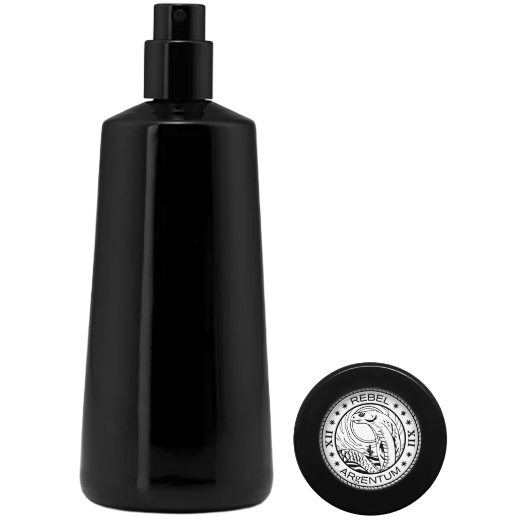 Black spray bottle with a circular logo on a white background