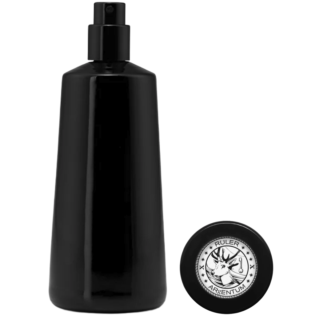 Black spray bottle with a circular logo on a white background