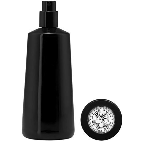 Black spray bottle with a circular logo on a white background