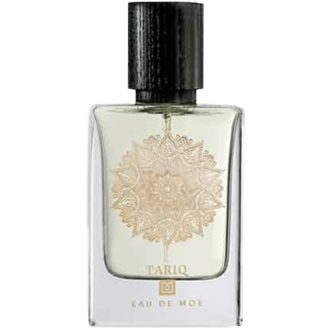 Perfume bottle with decorative label Tariq by Eau De Moe