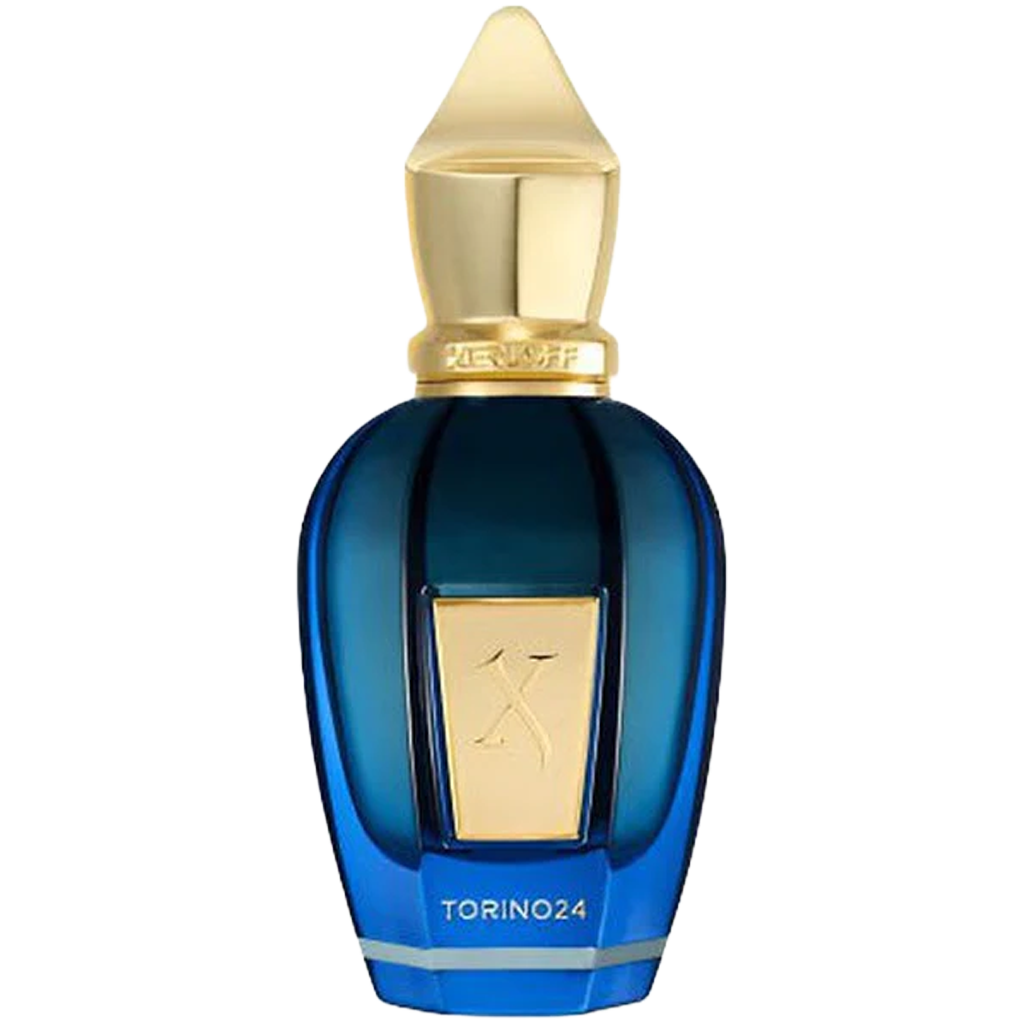 Blue perfume bottle with gold cap on a white background