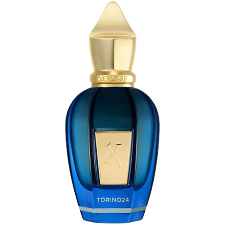 Blue perfume bottle with gold cap on a white background