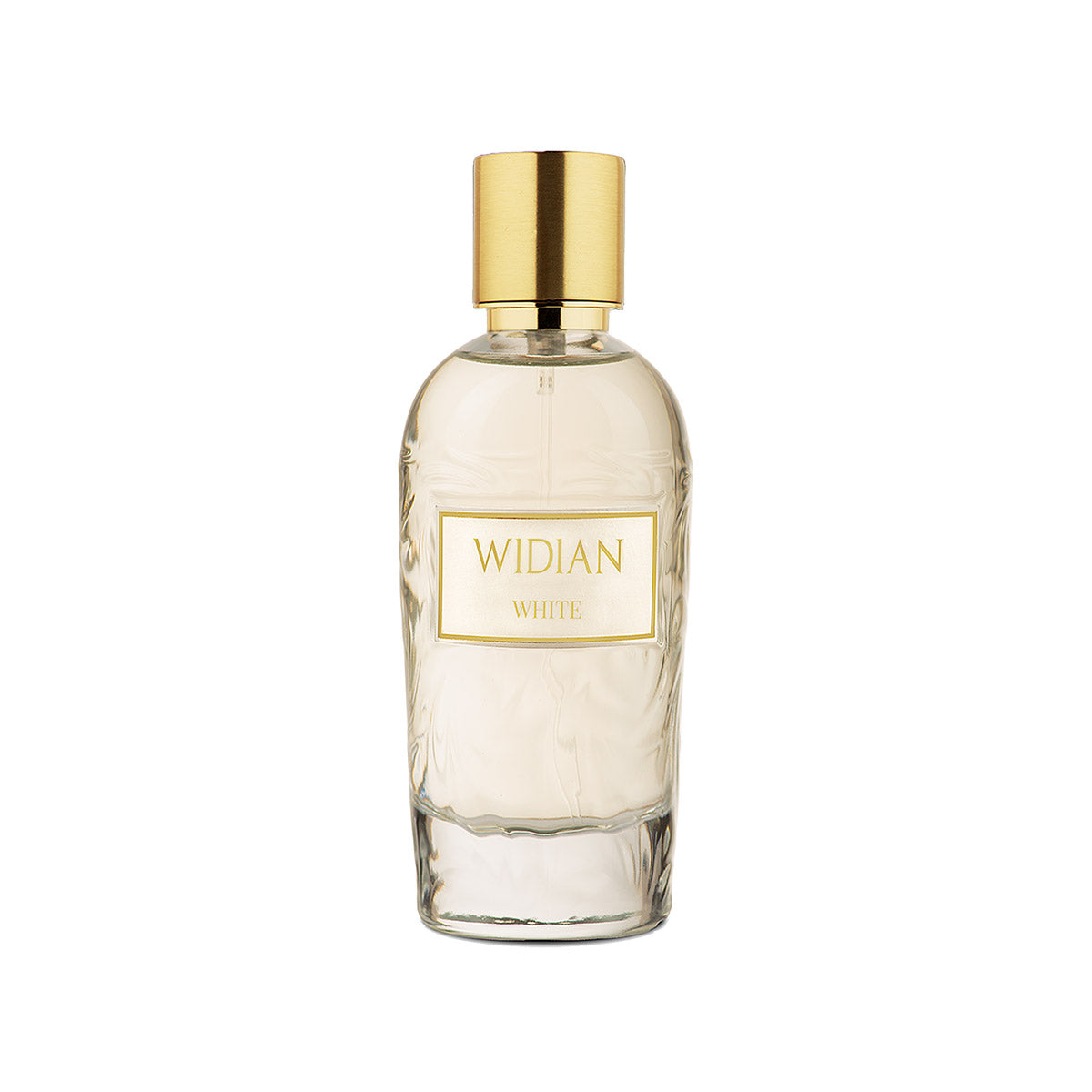 A clear glass perfume bottle with a gold cap and a gold label reading "White Eau de Parfum - Widian" by Fragrapedia Haus, set against a plain white background.