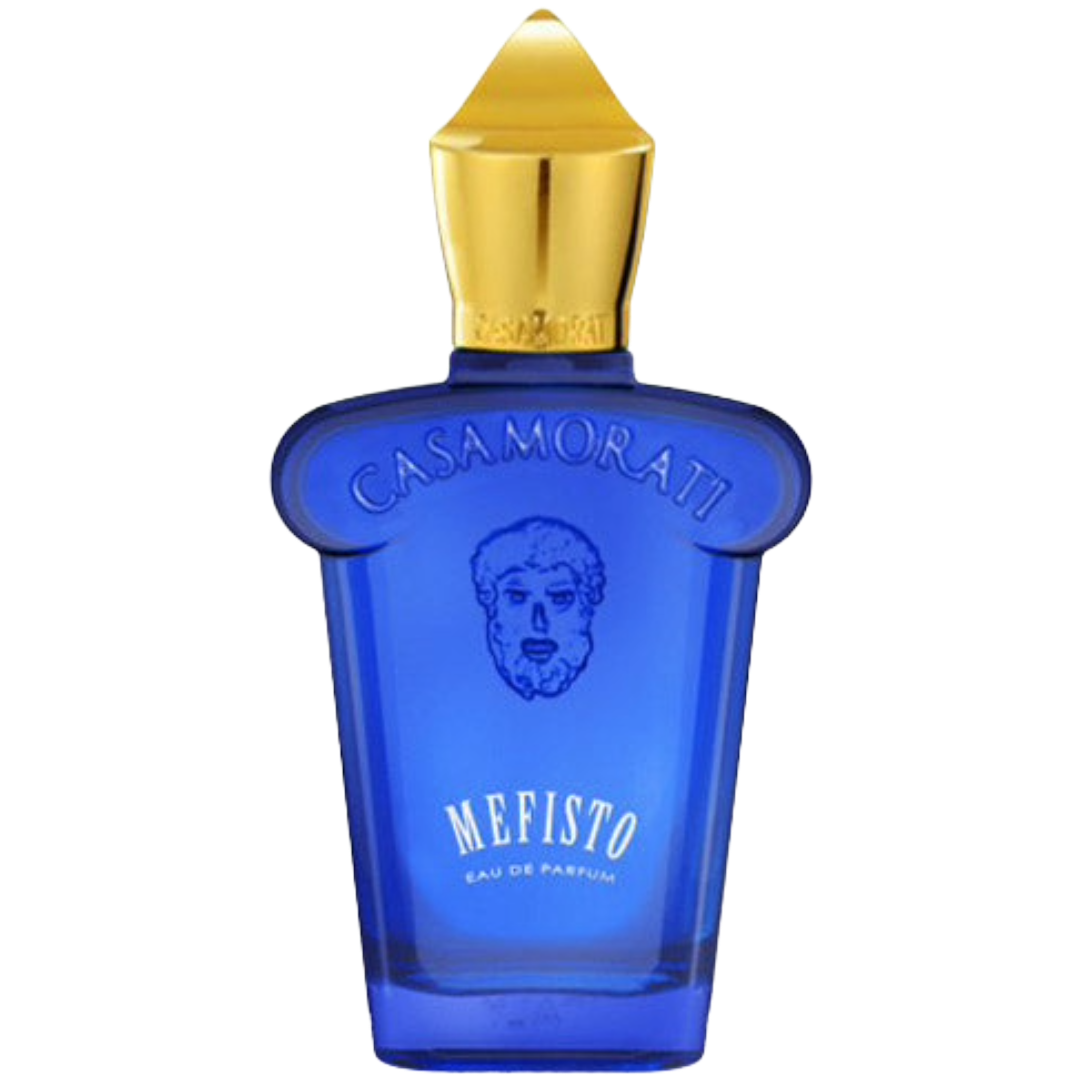 Blue perfume bottle with gold cap labeled 'Casamorati Mefisto' face with puffy hair and beard.