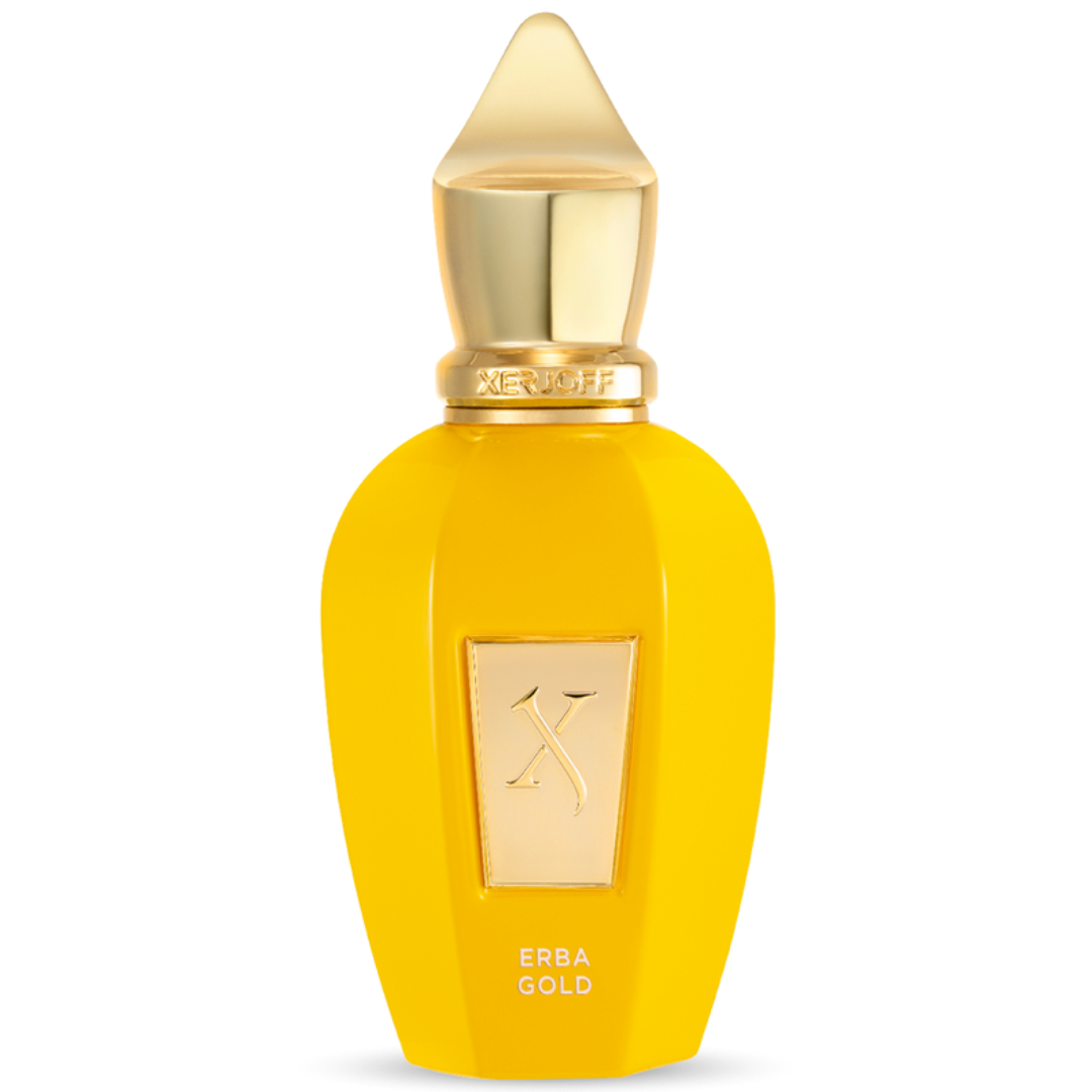Yellow perfume bottle with gold cap and an X, Erba Gold by Xerjoff