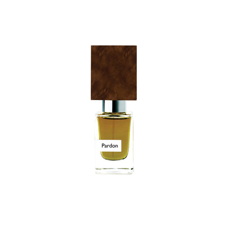 A clear glass perfume bottle with a brown rectangular cap and light yellow liquid labeled "Pardon Extrait de Parfum - Nasomatto" by Fragrapedia Haus sits against a plain white background, evoking refined masculine elegance.