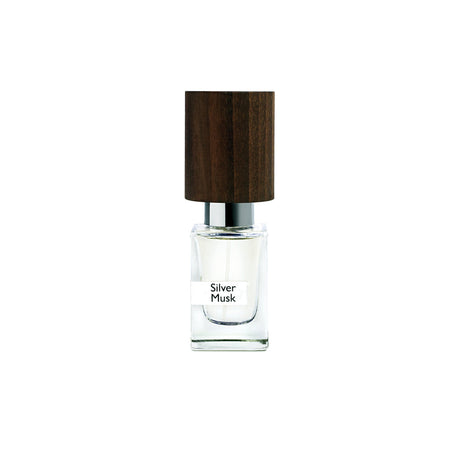 A clear glass Silver Musk Extrait de Parfum by Fragrapedia Haus, featuring a thick dark wooden cap and a label, is displayed against a plain white background.