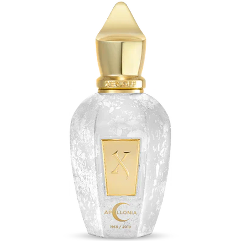 Perfume bottle with gold cap and small gold X with pic of crescent moon with the name Apollonia