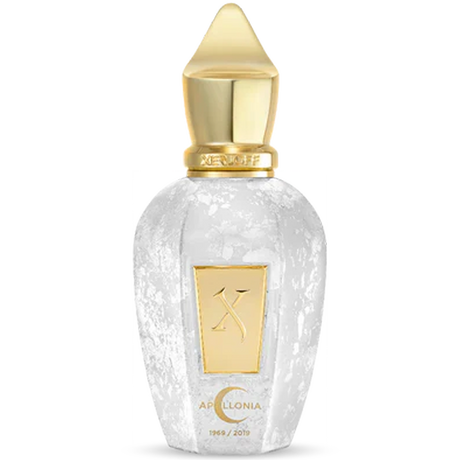 Perfume bottle with gold cap and small gold X with pic of crescent moon with the name Apollonia
