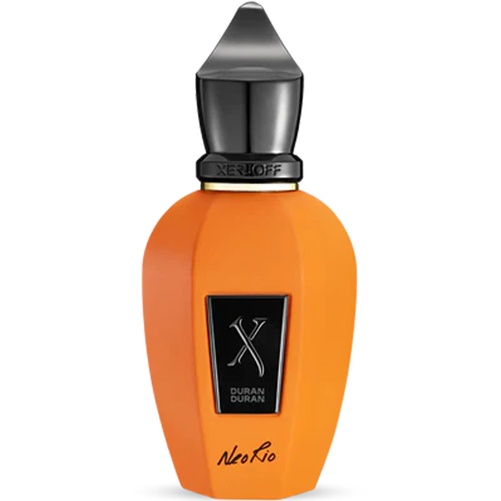 Orange perfume bottle with black cap