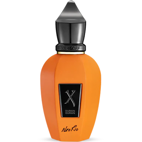 Orange perfume bottle with black cap