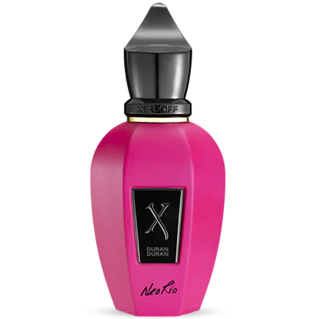 Pink perfume bottle with black cap and Neo Rio written in cursive