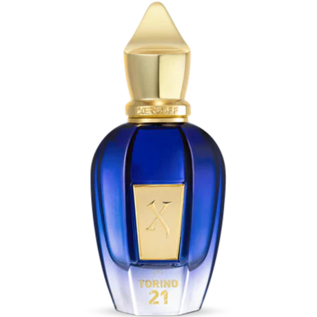 Blue perfume bottle with gold cap and X xerjoff-torino21