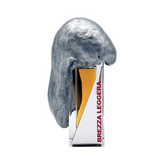A perfume bottle with a unique gray, wind-shaped cap and a red label that reads 'Brezza Leggera'.