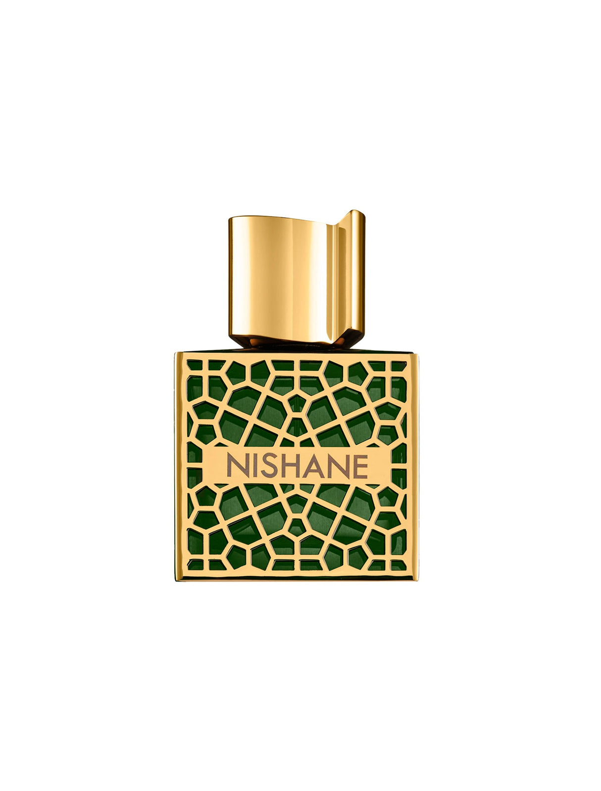 A gold and green geometric bottle from Fragrapedia Haus, labeled Shem Extrait de Parfum - Nishane, with a unique gold cap from the Prestige Collection.