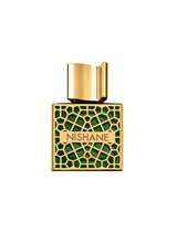 A gold and green geometric bottle from Fragrapedia Haus, labeled Shem Extrait de Parfum - Nishane, with a unique gold cap from the Prestige Collection.