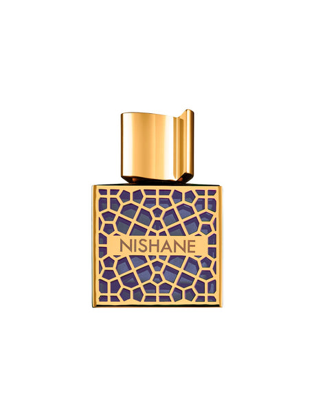 Mana Extrait de Parfum by Fragrapedia Haus features a gold geometric lattice over deep blue, with the Nishane Mana name on front. Its distinctive gold cap adds elegance to this Oud and Leather fragrance from the Prestige Collection.