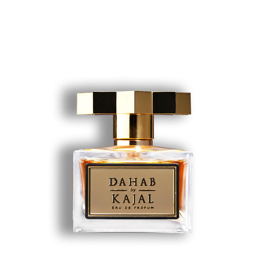 Dahab EDP 100ml by Kajal Perfumes. Clear glass cube bottle with Gold perfume and a Gold label and lid. 