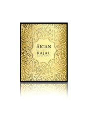 Golden Box with Black outline with Eight pointed star and Aican Kajal Eau De Parfum written in middle 