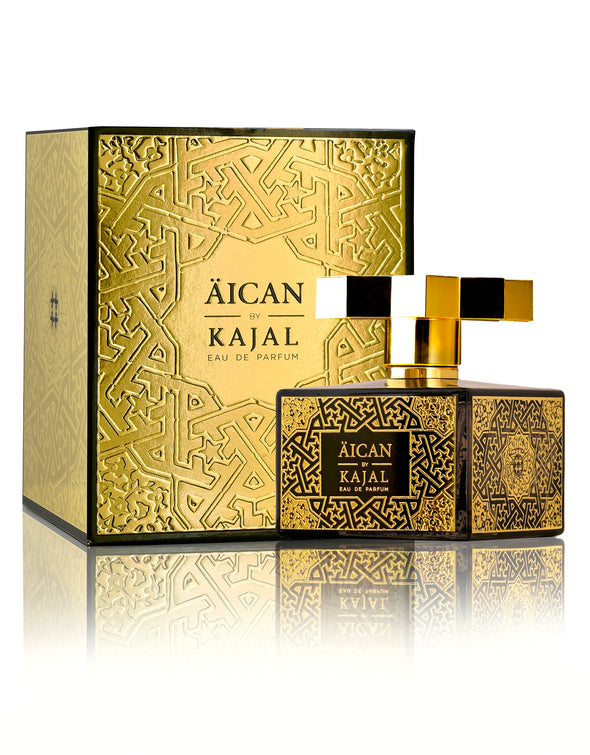 Golden box with black outlines and mosaic type imprint with Golden Aican perfume in grey clear glass square shaped bottle and golden star shape lid