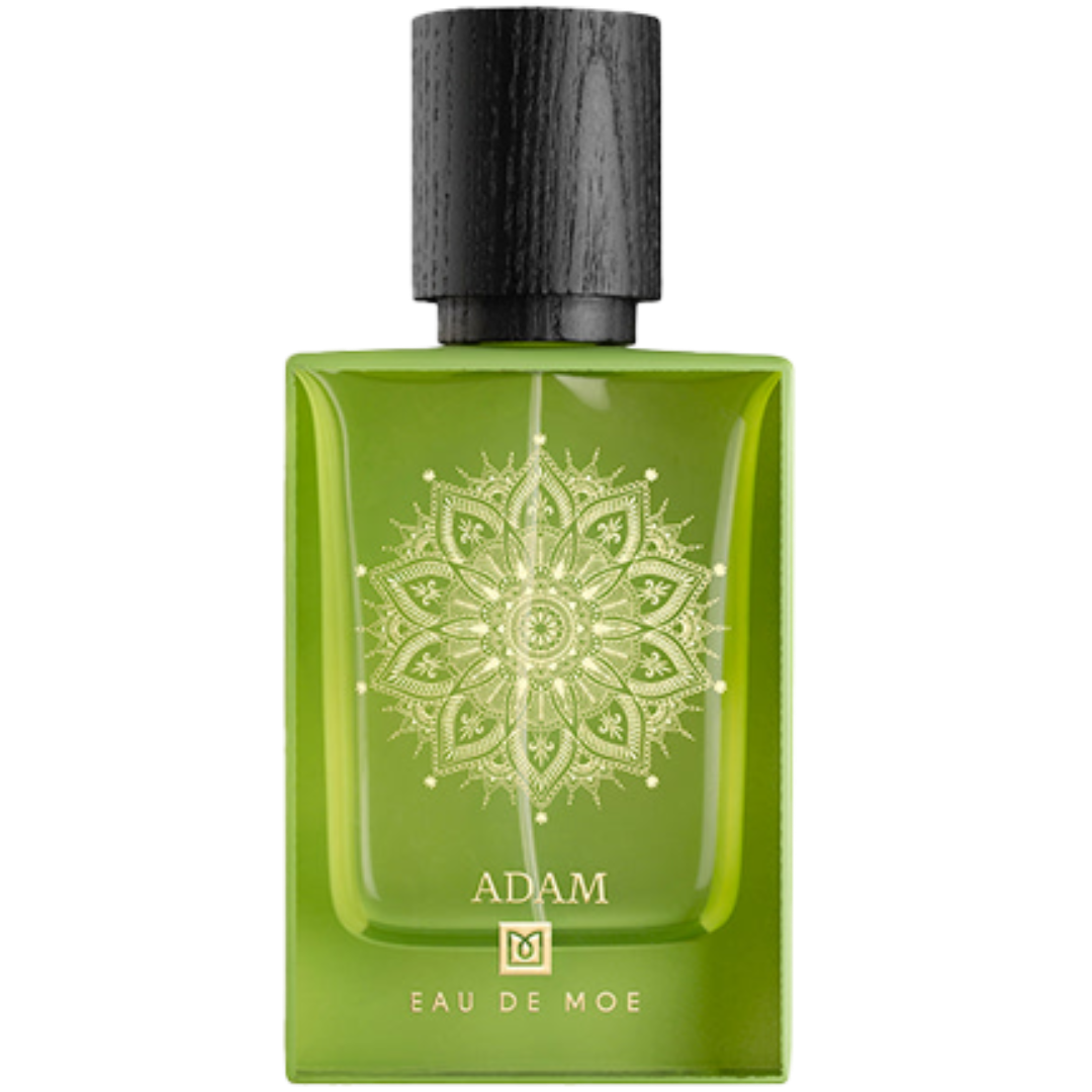 Green perfume bottle with black cap called Adam by Eau De Moe