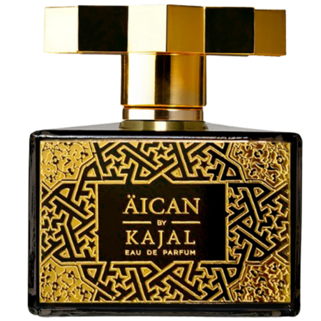 Perfume bottle with gold and black design featuring 'Aican by Kajal' 