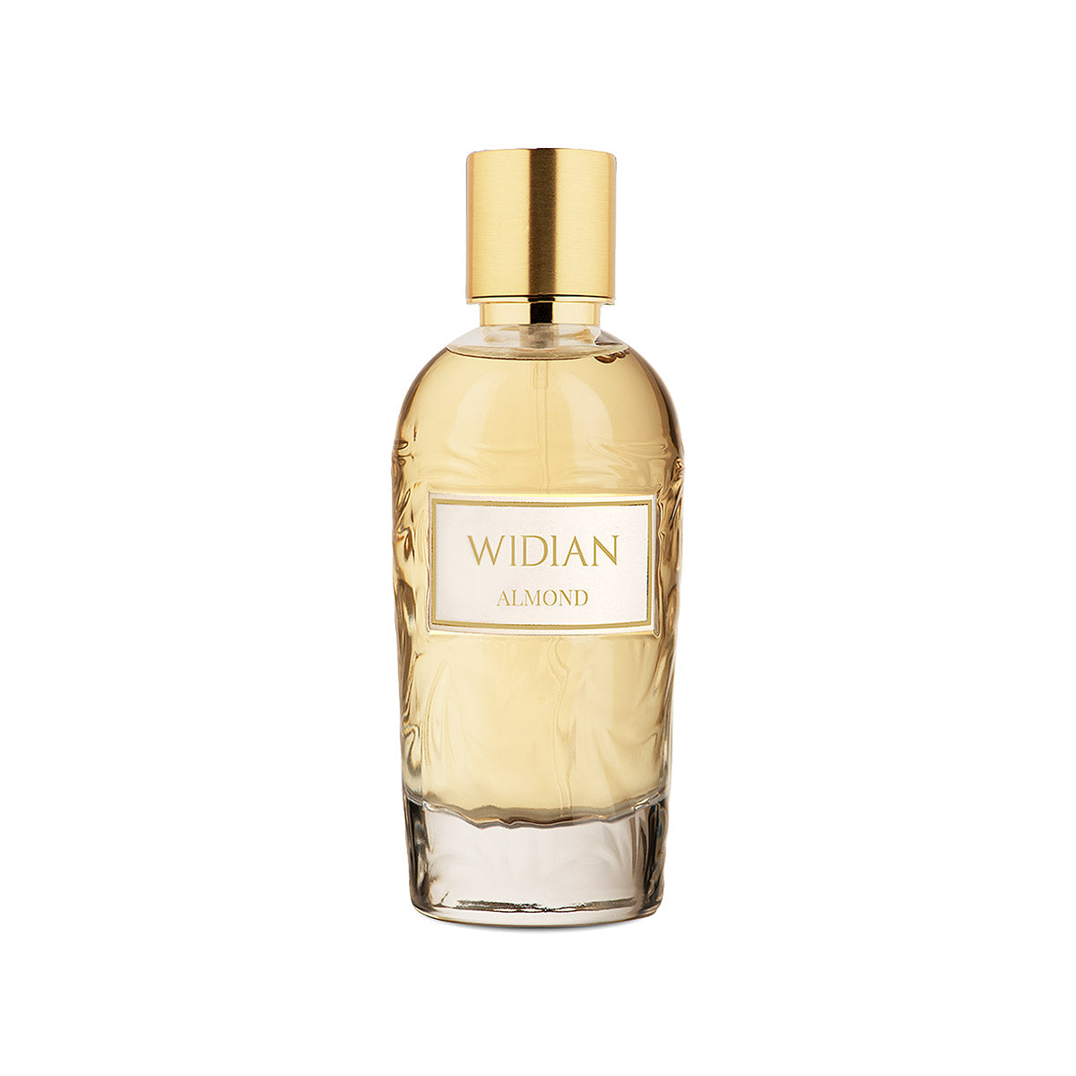 A clear glass perfume bottle with a gold cap and label, featuring the brand Fragrapedia Haus and the scent Almond Eau de Parfum - Widian, set against a white background.